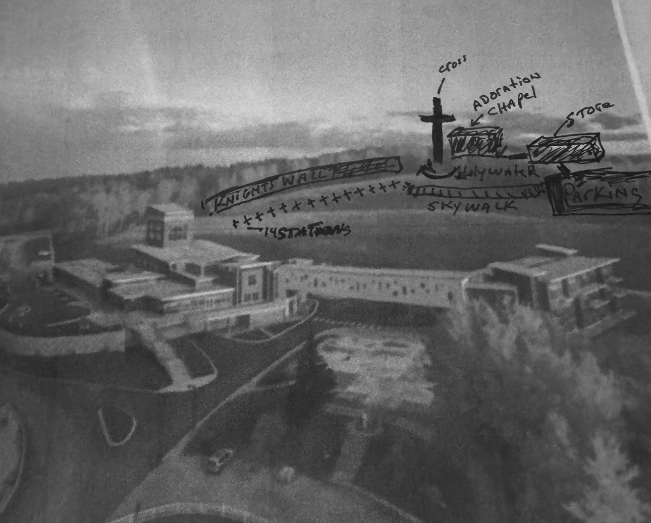 Richard’s hand-drawn project sketch showing the cross, adoration chapel, Stations, and Knights’ wall